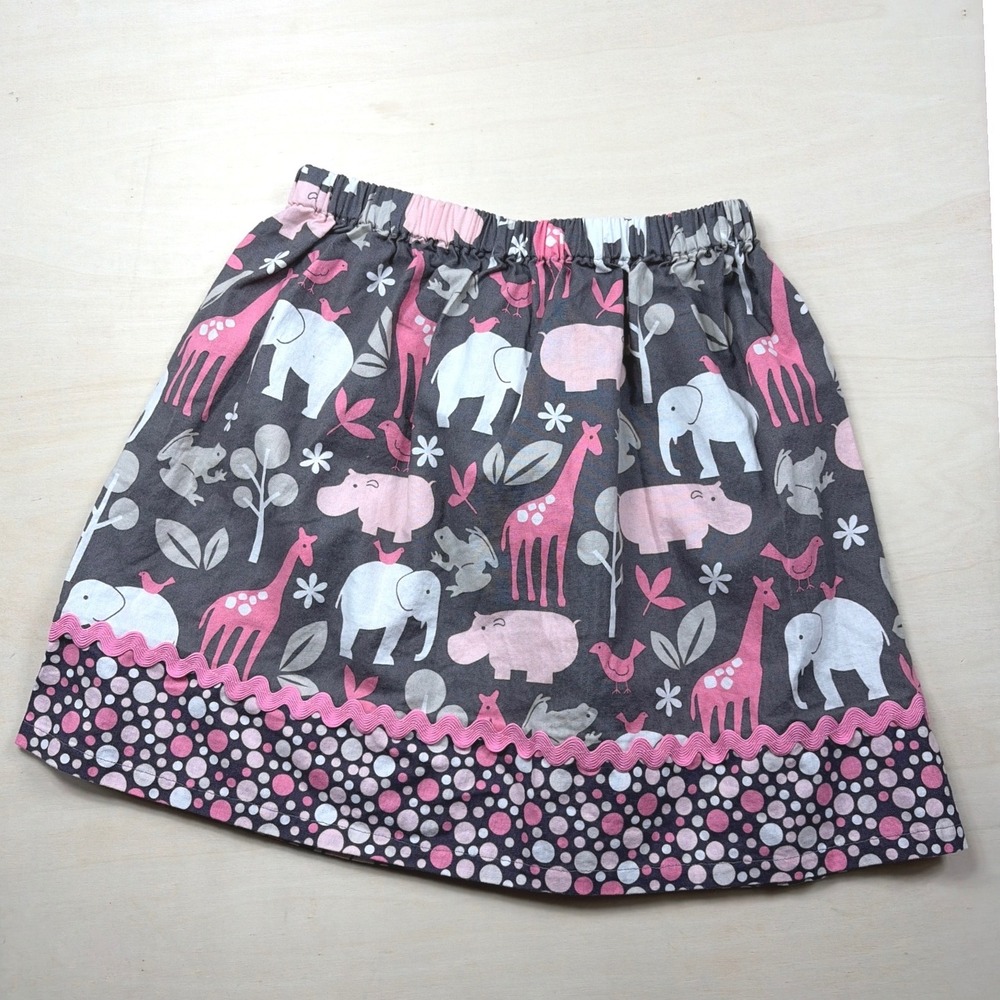 Handmade Girls Safari Animal Print Skirt Pink Grey Giraffe Elephant Polka Dot